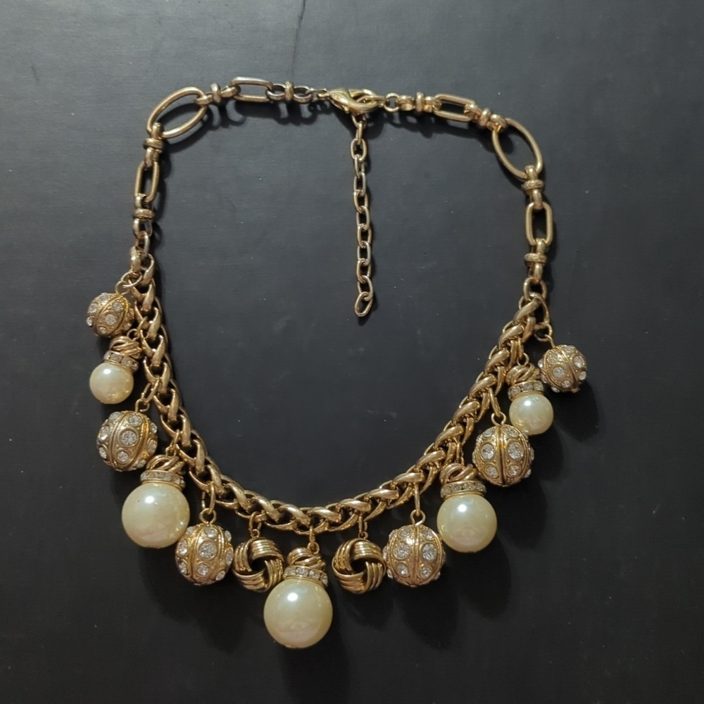 Gold Tone White Faux Pearl Clear Rhinestone Love Knot Statement Necklace